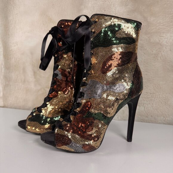 Sequin Camouflage Lace-Up Peep-Toe Ankle Boots With Side Zipper 8 - Picture 2 of 13